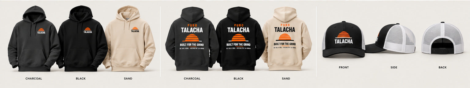 Generated concept lineup showing TALACHA hoodie front and back mockups in charcoal, black, and sand, plus three views of the trucker hat