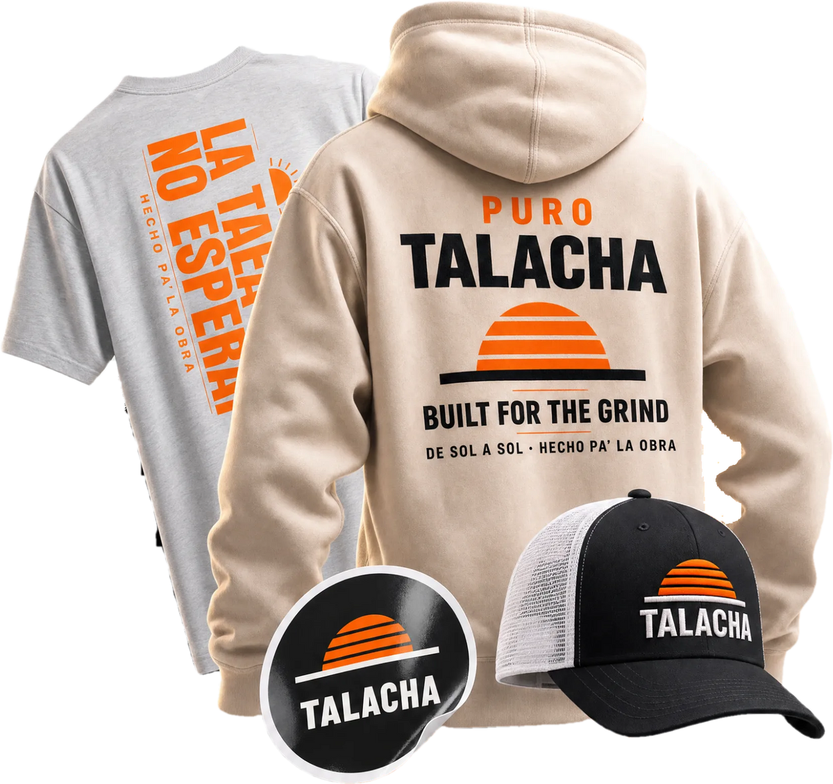 TALACHA Crew Bundle: Sand hoodie, No Espera tee, embroidered trucker and sticker
