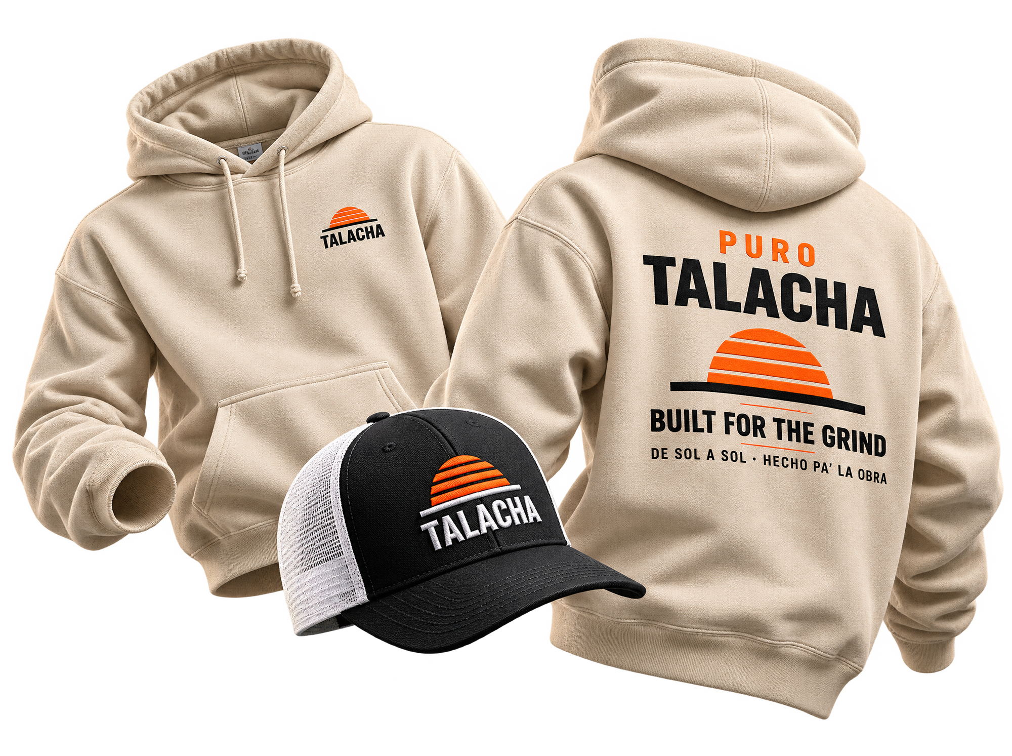 TALACHA sand hoodie front and back with the embroidered trucker on a steel beam at a construction site at sunset