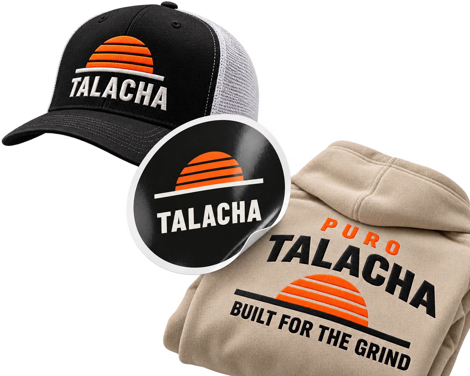 Close-ups of the TALACHA embroidered trucker, Sunset Badge sticker and hoodie back print
